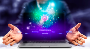 Person sits at a desk with laptop facing towards camera, hands held out either side with a brain-like graphic with AI spelled out in the centre